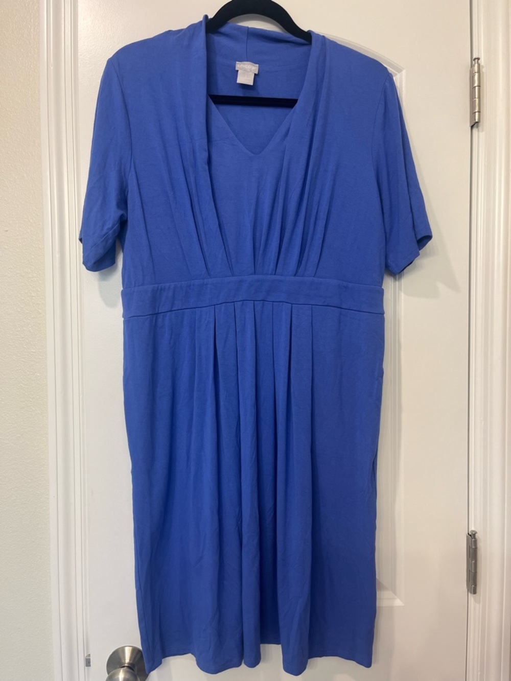 Chicos Classic Blue Dress Pleated Sleeves and Waist Knee Length Pockets Sz 12/14